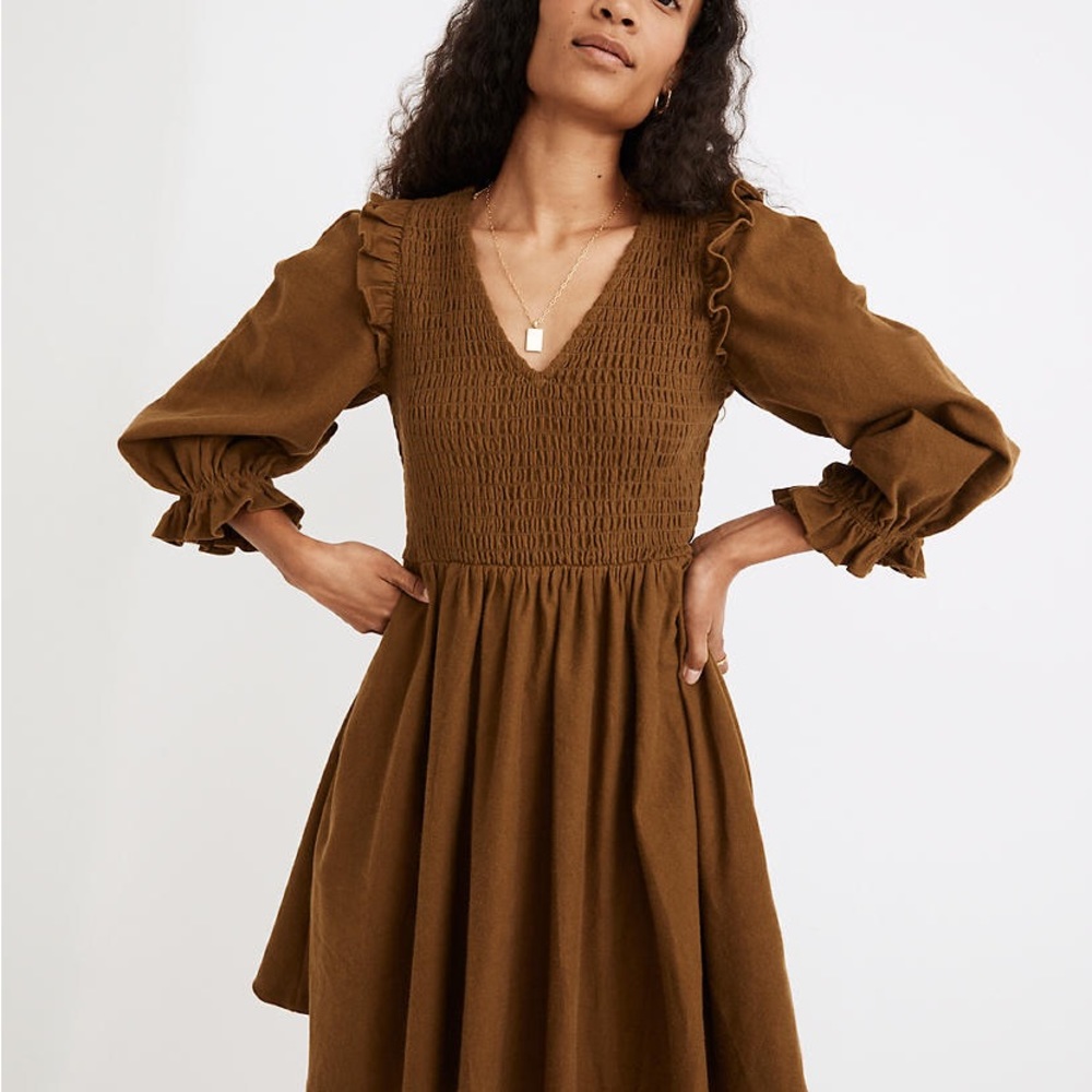 MADEWELL Flannel Lucie V-Neck Smocked Mini Dress